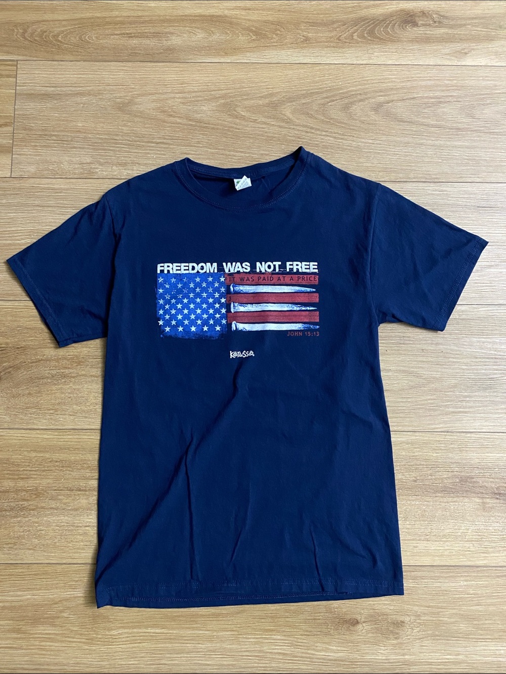 Fruit of the Loom Navy Short-Sleeve Graphic Tee with Red & White Flag Print